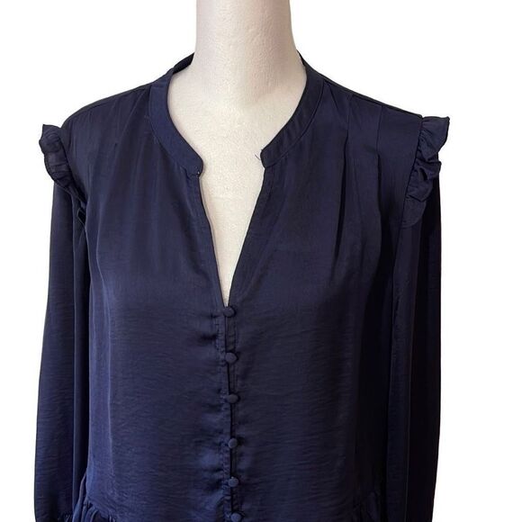 Hyfve Women's Long Sleeve Top Blouse Button Ruffle Peplum Hem Navy Blue Small - Picture 3 of 8